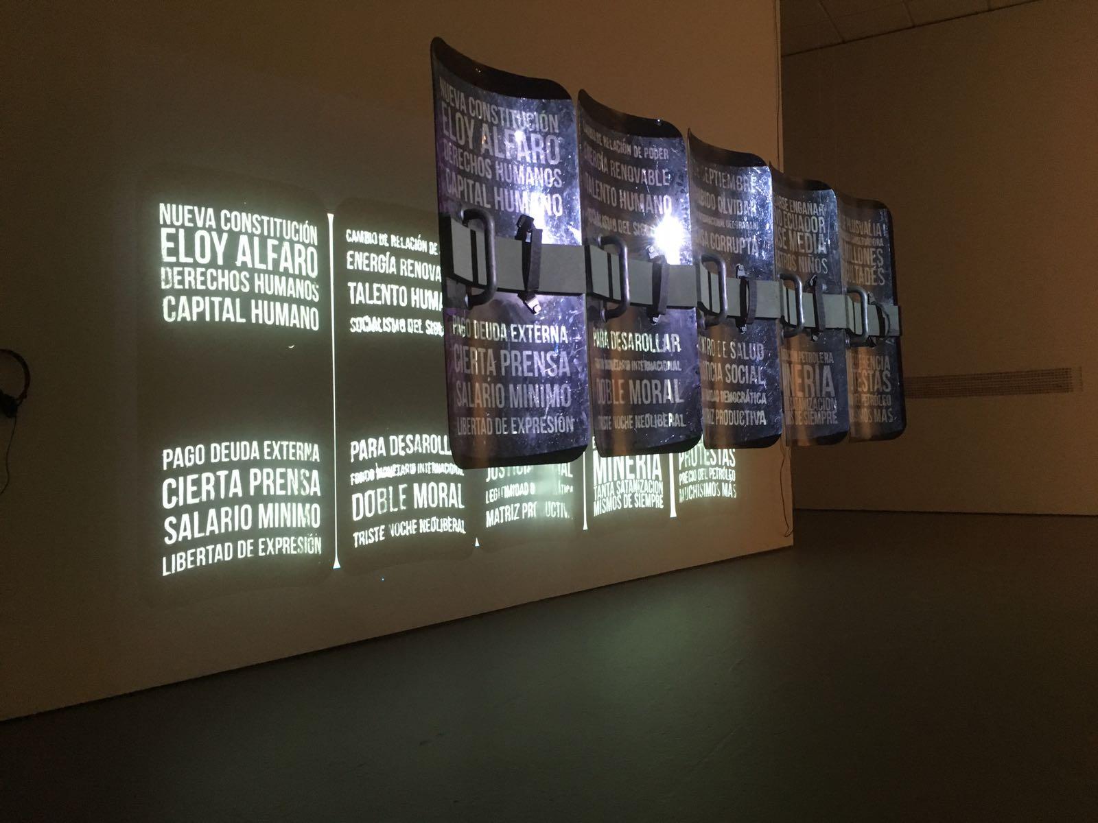Five anti-riot shields with carved political slogans